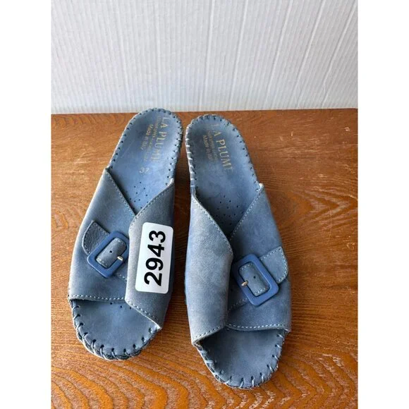La Plume Women's Size 38 Blue Leather Slip-On Sandals With Buckle Accent Sz 6.5 - Picture 7 of 9
